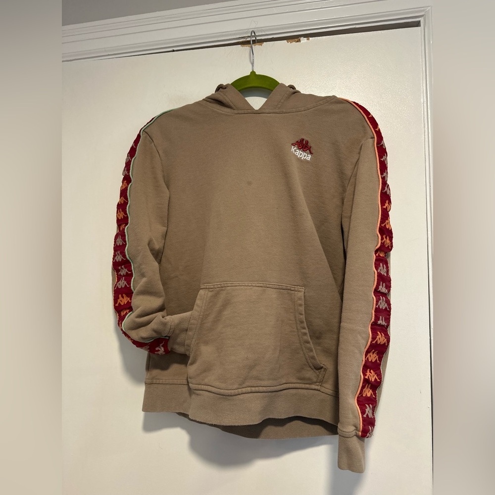 Kappa Apet 2 Tan Red Pullover Hoodie Omini Logo Sleeve Taping Kangaroo Pocket